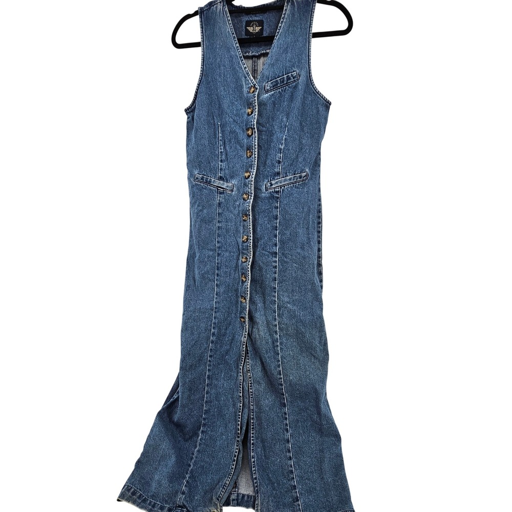 Dockers Blue Denim Maxi Dress Sleeveless Button-Front